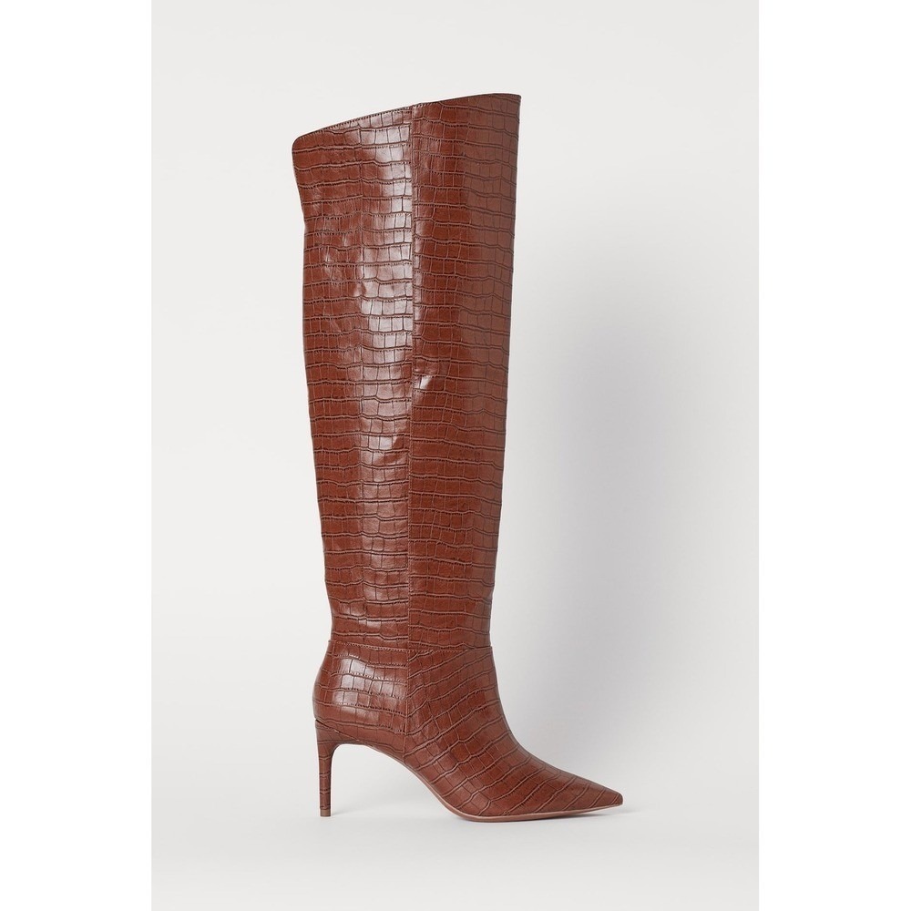 H&M Womens Knee High Boots Cognac Brown Faux Crocodile Pointed Stiletto Heel 39